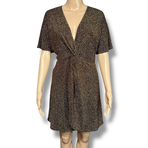 Show Me Your Mumu Womens Get Twisted Mini Dress V Neck Stretch Gold Black Medium - Picture 1 of 10